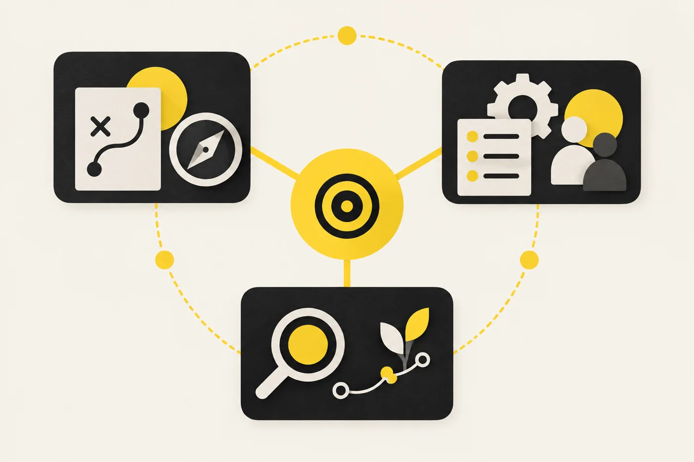 Esquema de coordinación SEO: los objetivos se convierten en prioridades, el equipo o proveedor aplica los cambios y SAF revisa el trabajo para decidir el siguiente paso.