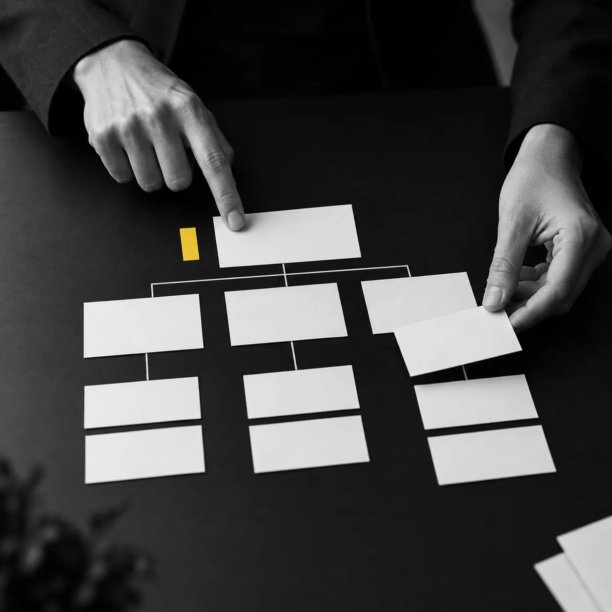 Manos organizando tarjetas en una estructura de páginas web
