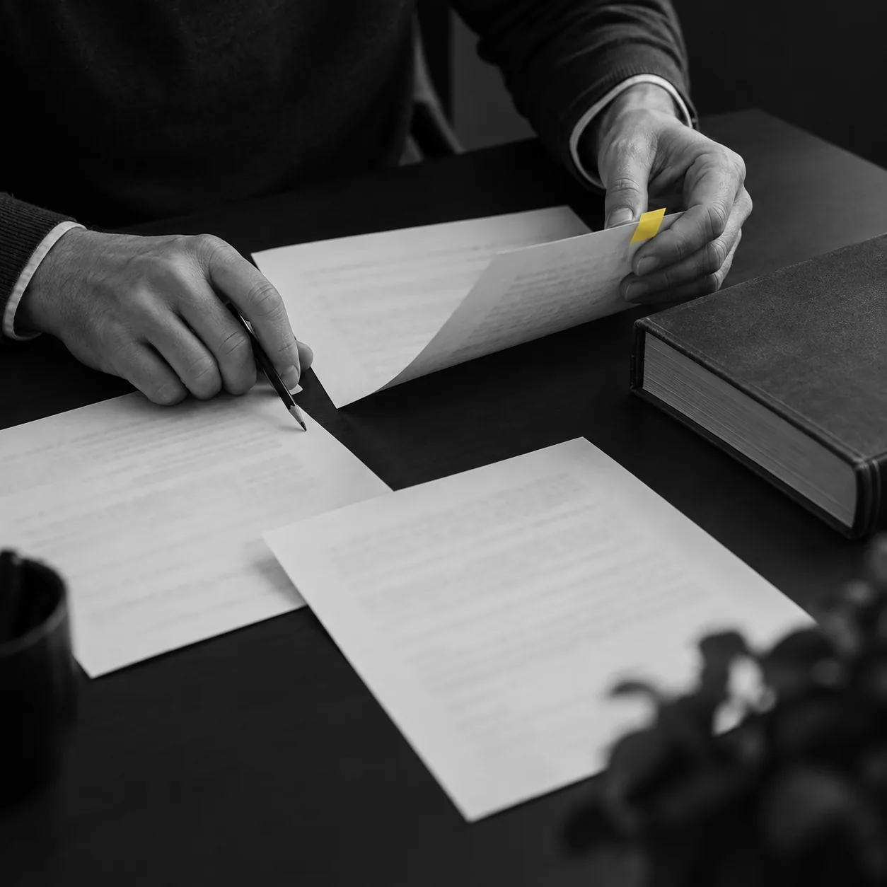 Profesional compara documentos impresos para revisar fuentes antes de decidir cambios