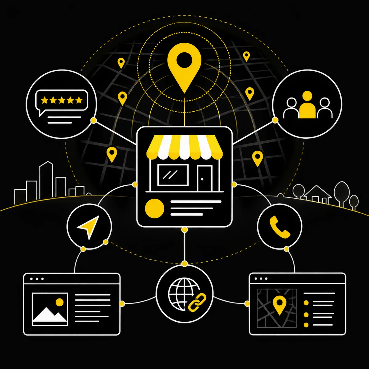 Diagrama de una ficha local conectada con datos, servicios, publicaciones y páginas del sitio web.