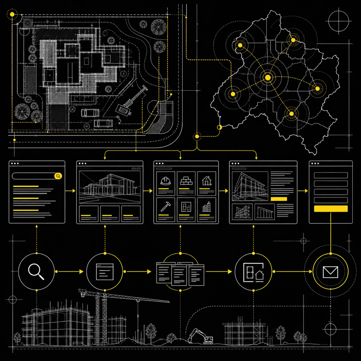 Diagrama de servicios, proyectos, áreas de trabajo y contacto para una empresa constructora.