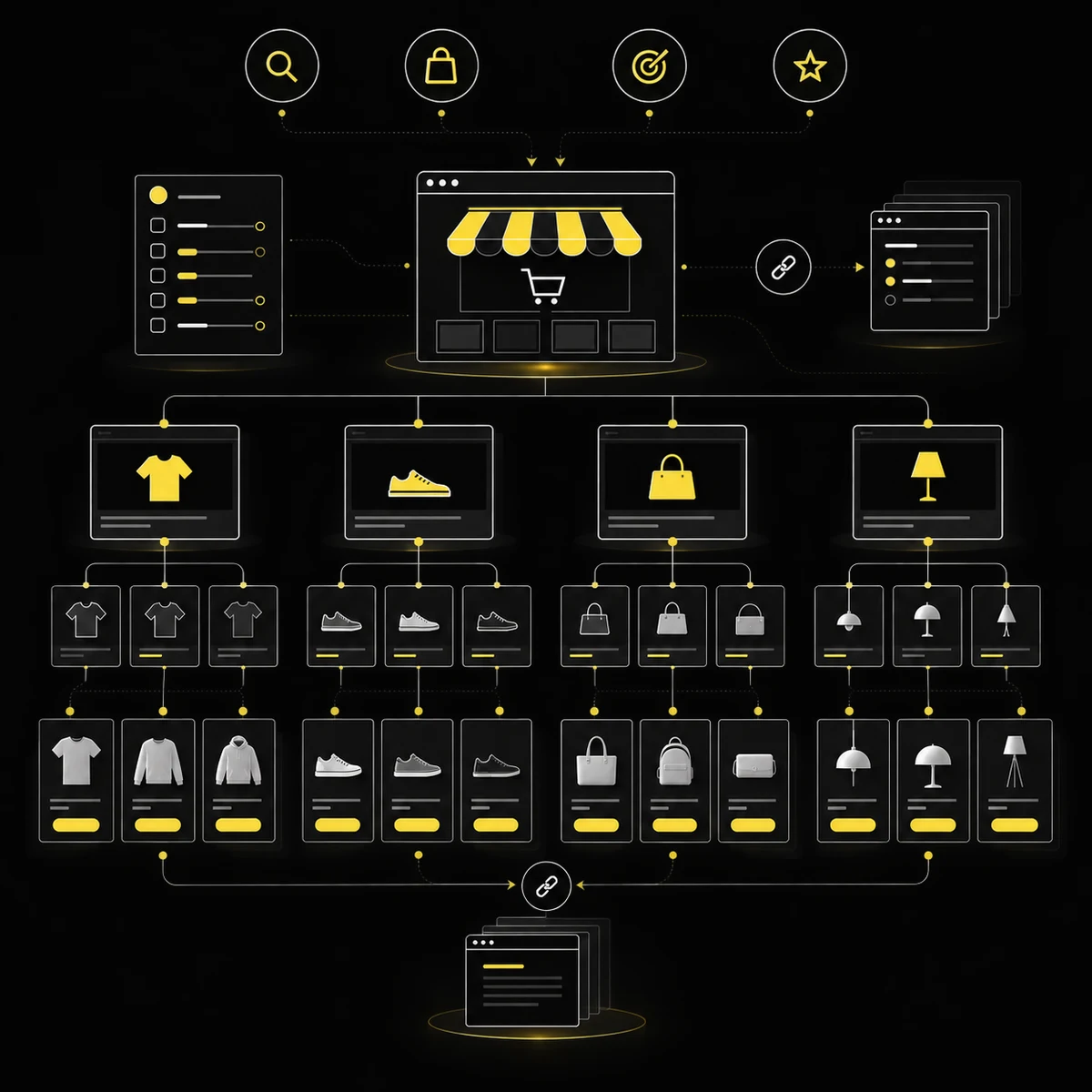 Diagrama de categorías, productos, filtros y contenidos conectados dentro de una arquitectura ecommerce.