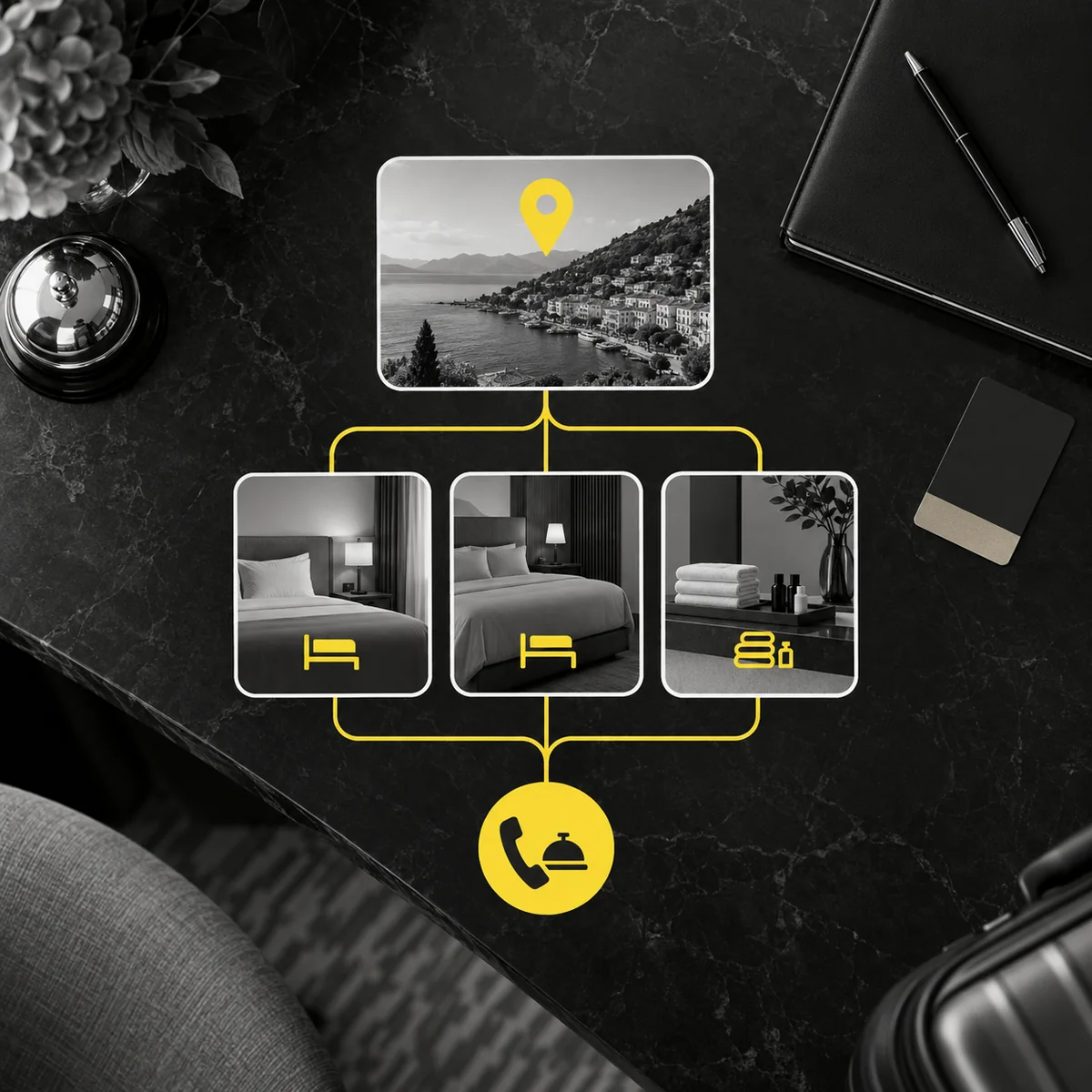 Recorrido entre destino, habitaciones, servicios del hotel y contacto para reserva.