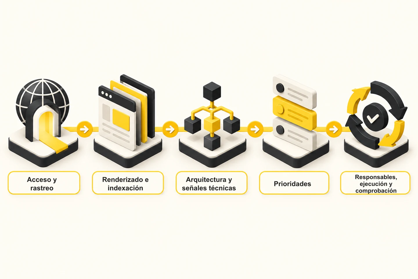 Diagrama del proceso técnico: acceso y rastreo, renderizado e indexación, arquitectura y señales, prioridades, responsables, ejecución y comprobación.