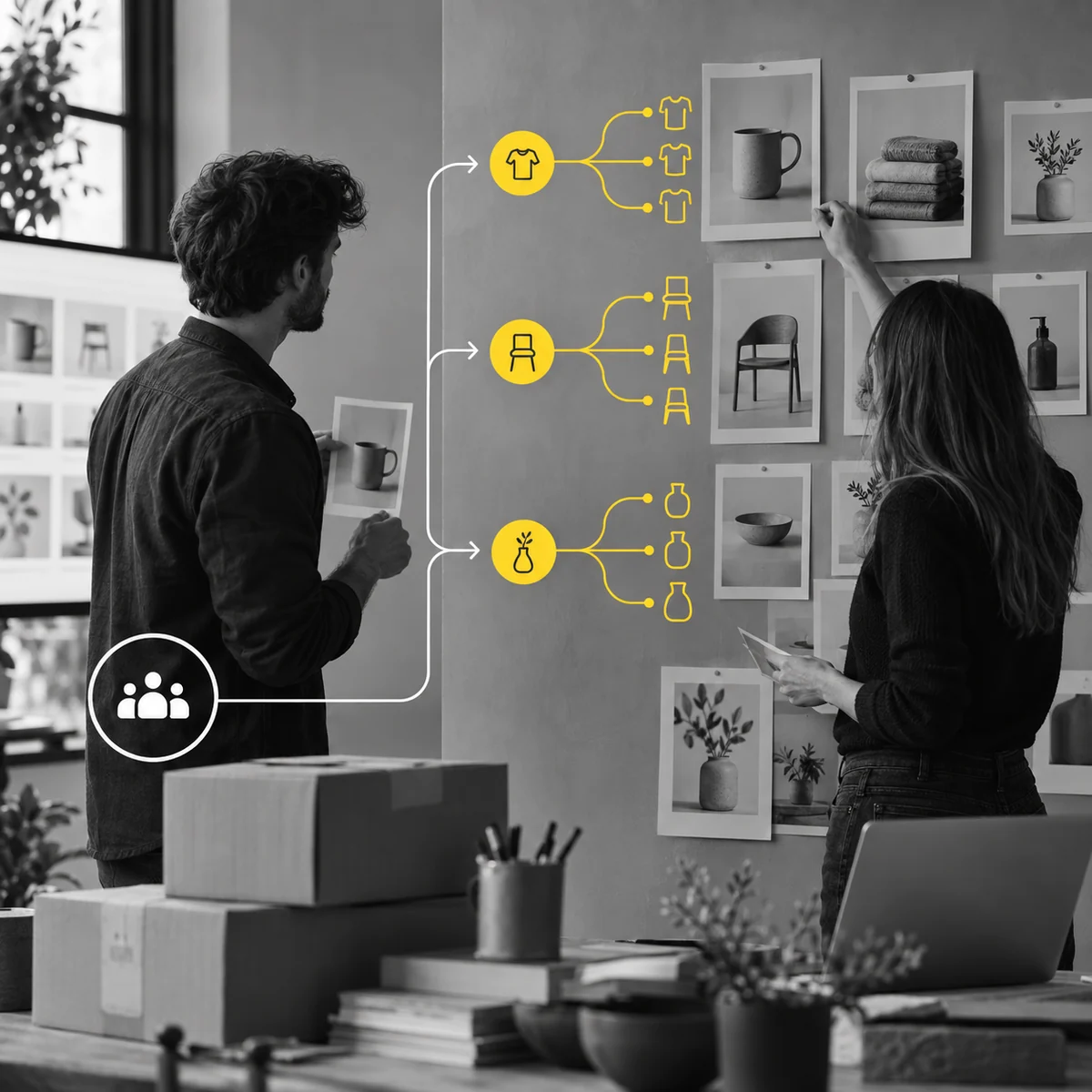 Esquema de una tienda Shopify que conecta demanda, colecciones y fichas de producto.