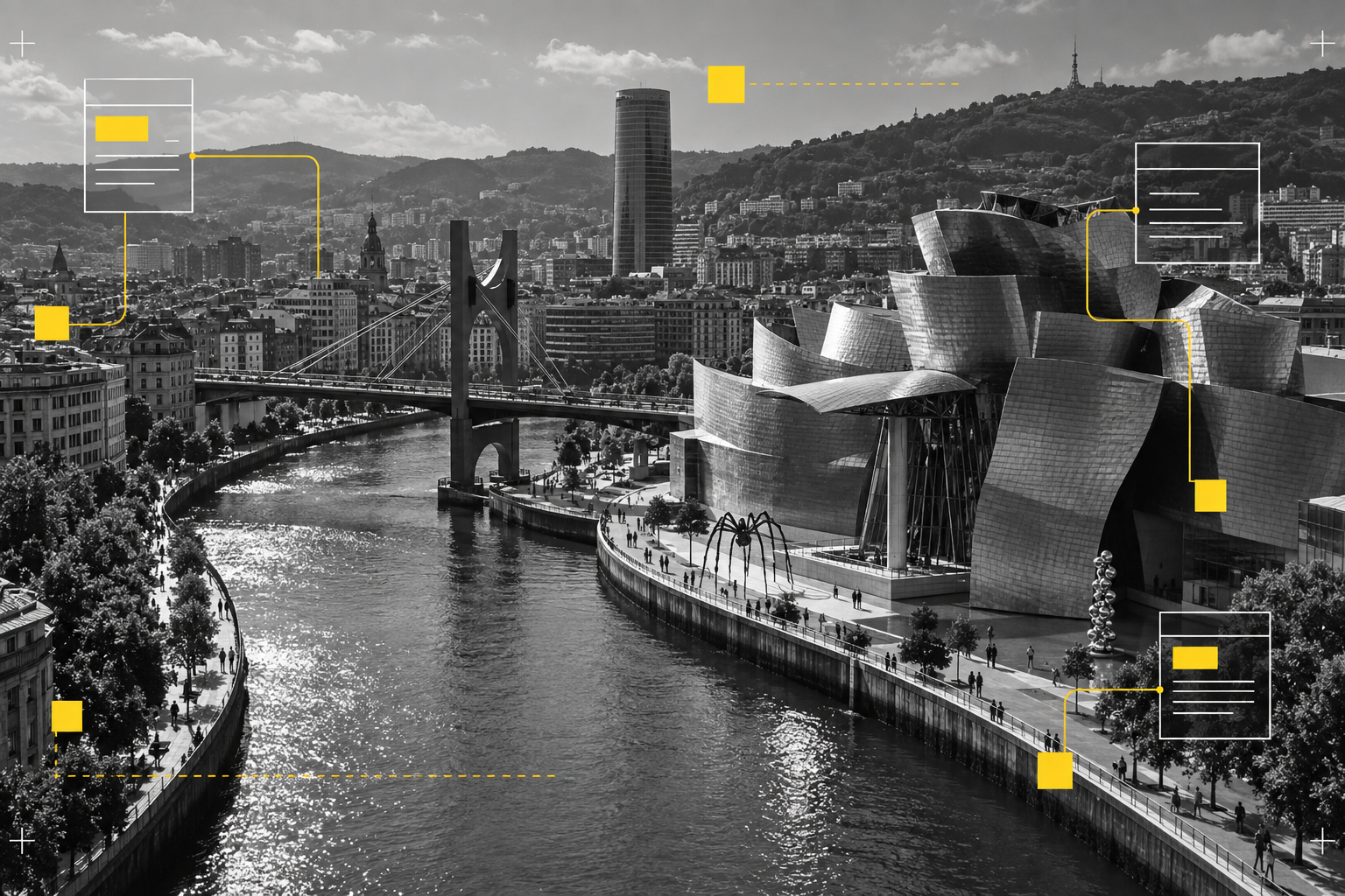 Composición editorial de Bilbao junto a la ría y el Guggenheim, en blanco y negro con detalles amarillos.