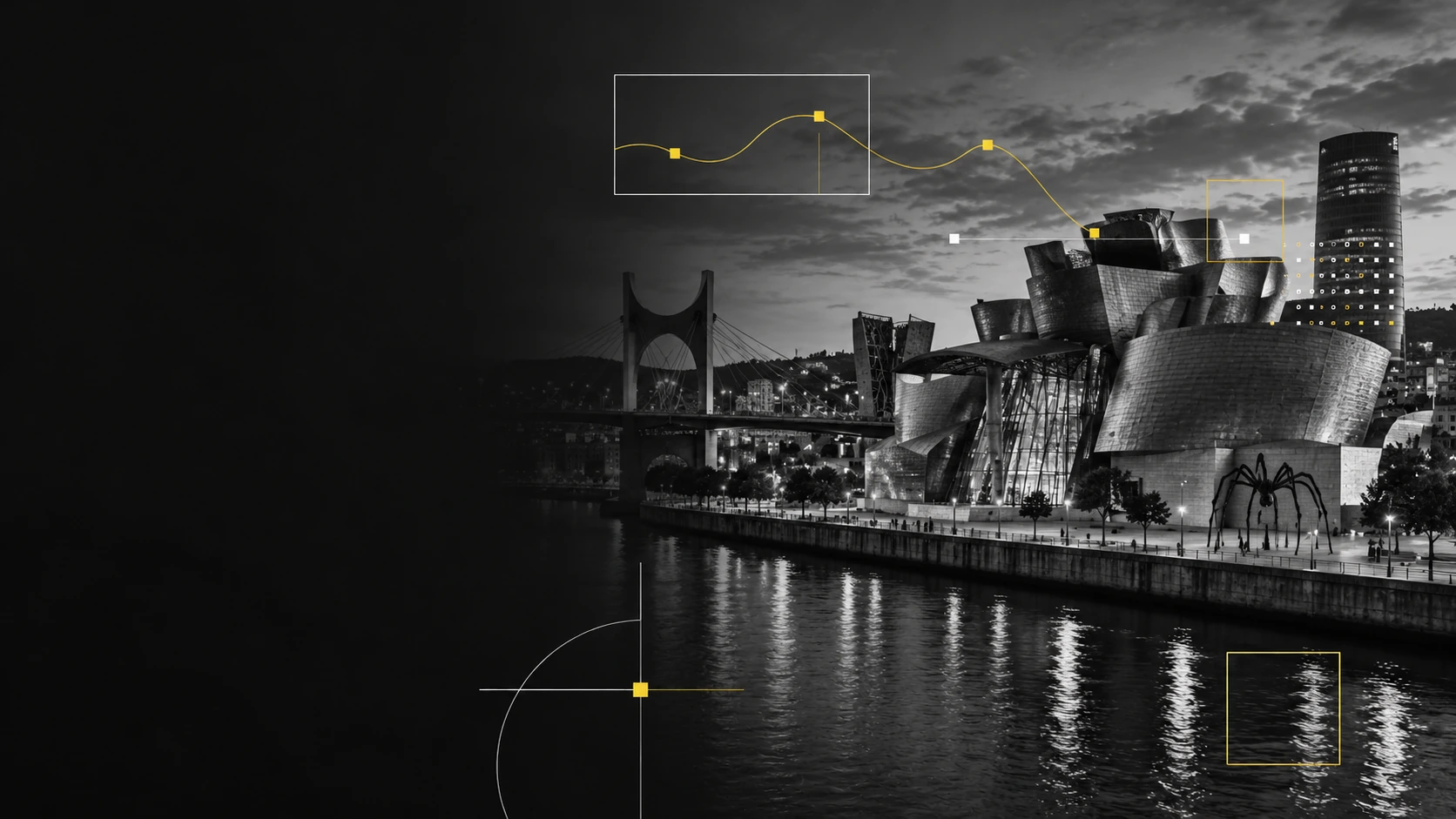 Composición editorial de Bilbao con la ría y el Guggenheim en Abandoibarra, en blanco y negro con detalles amarillos.