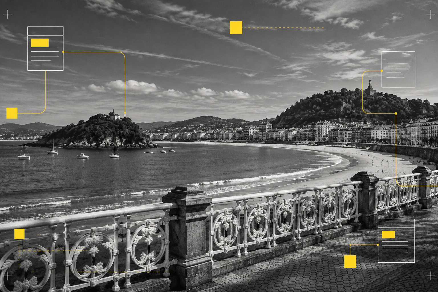 Composición editorial de la bahía de La Concha en Donostia, en blanco y negro con acentos amarillos.