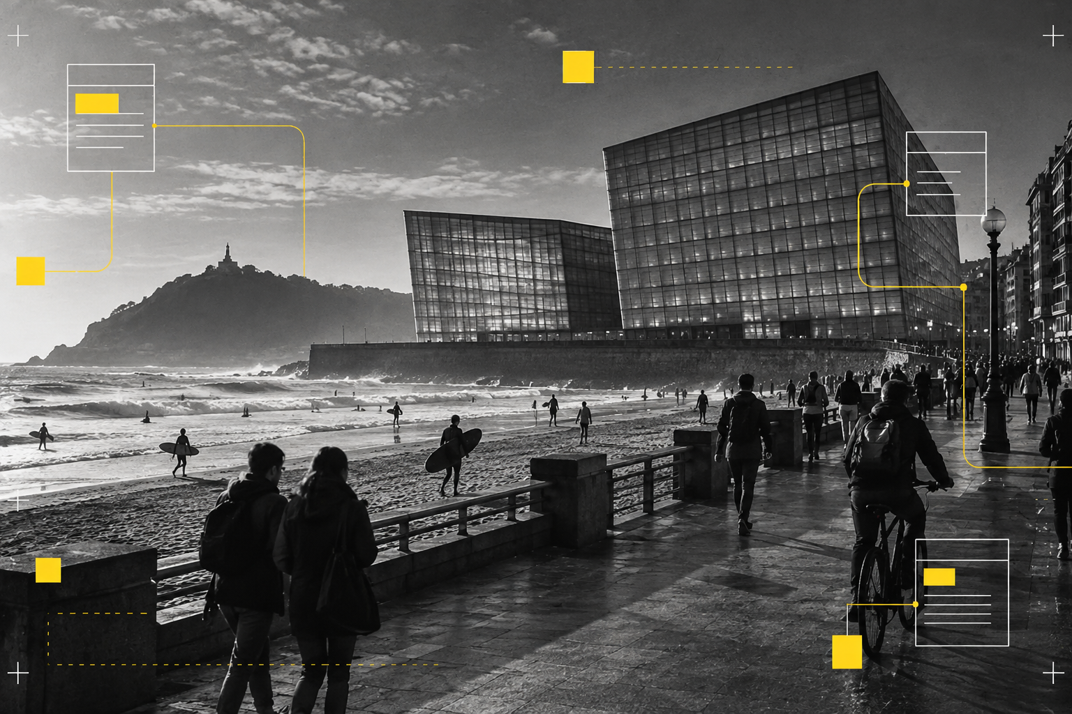 Composición editorial de Gros, el Kursaal y Zurriola en Donostia, con el tratamiento visual de SAF.