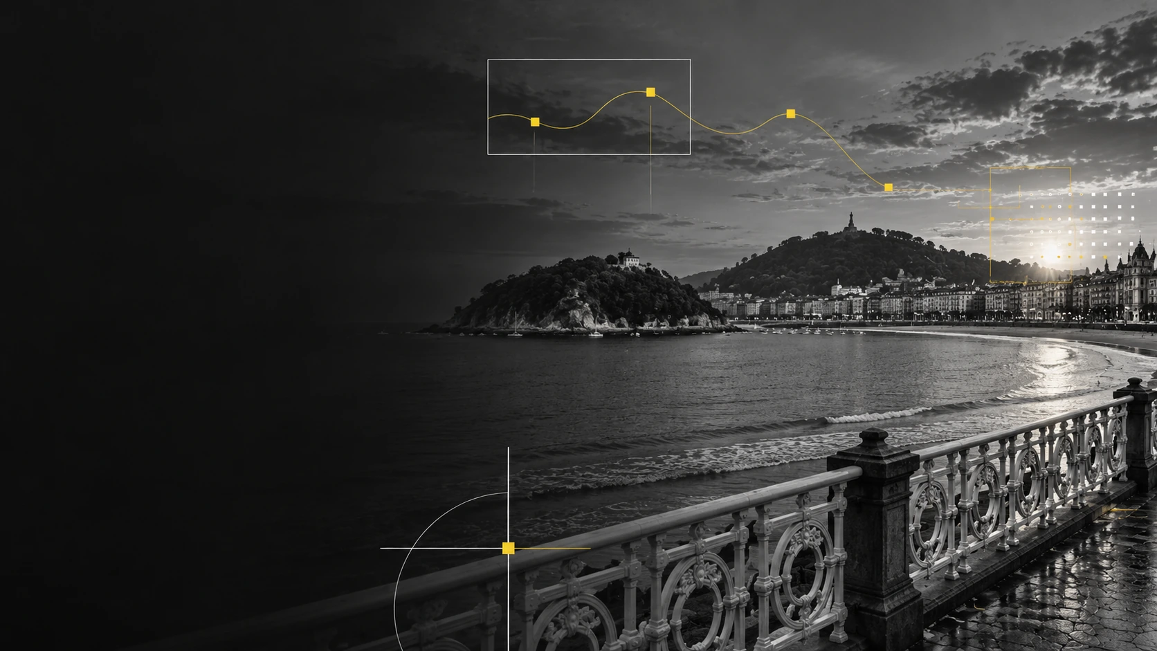 Composición editorial de Donostia-San Sebastián con la bahía de La Concha, en blanco y negro con detalles amarillos.