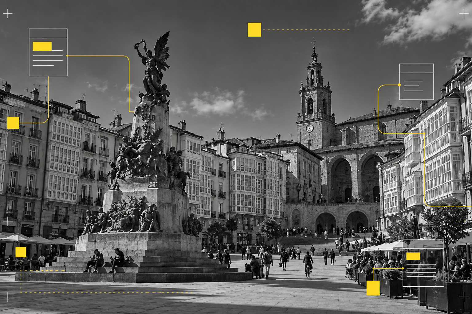 Composición editorial de la plaza de la Virgen Blanca en Vitoria-Gasteiz, en blanco y negro con detalles amarillos.