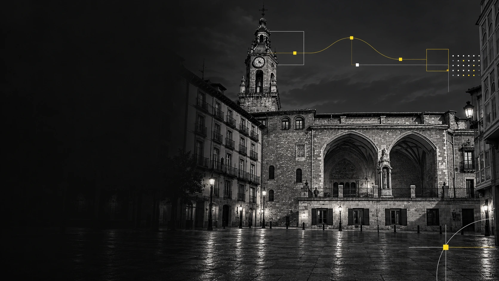 Composición editorial de Vitoria-Gasteiz con la iglesia de San Miguel y la plaza de la Virgen Blanca, en blanco y negro con detalles amarillos.