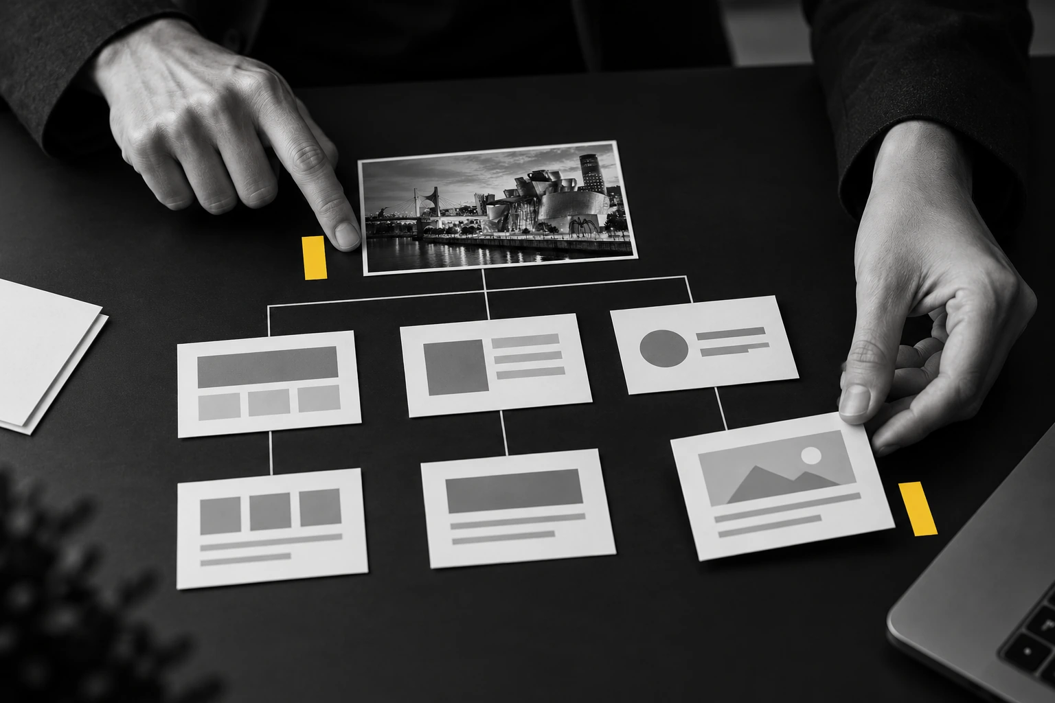 Composición editorial de la estructura de una web con una tarjeta de Bilbao, en blanco y negro con detalles amarillos.
